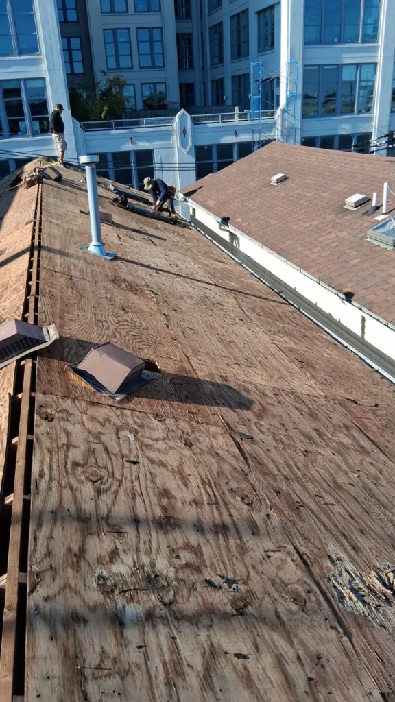 Weathered plywood roof deck exposed during a Jersey City asphalt shingle roof replacement