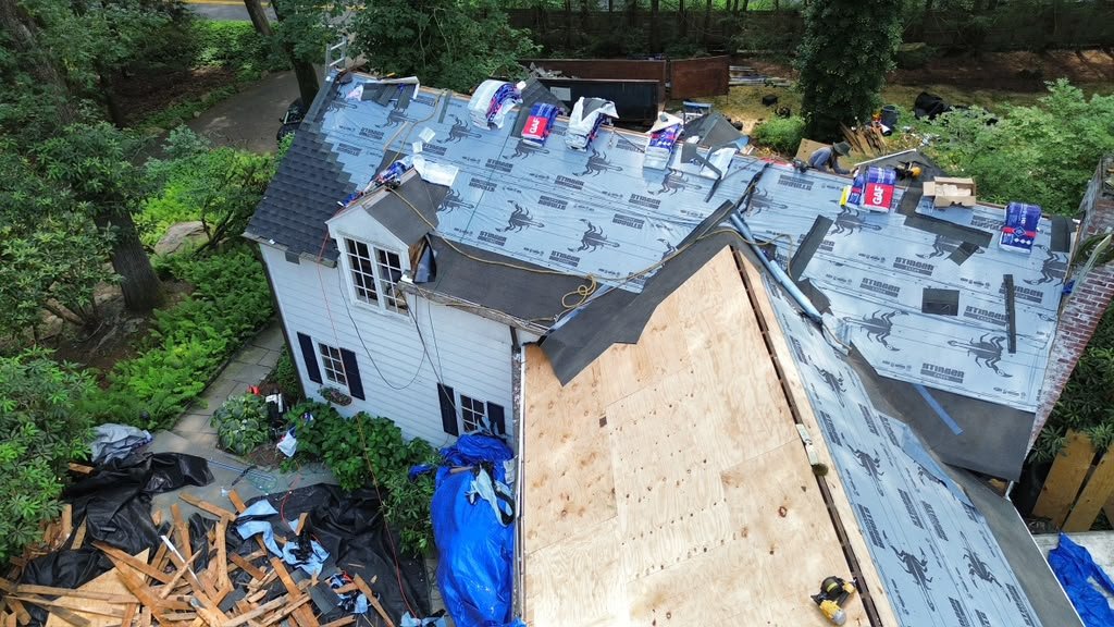 New plywood roof decking and synthetic underlayment in Franklin Lakes NJ