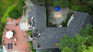 Aerial view of a completed GAF Camelot architectural shingle roof in South Amboy