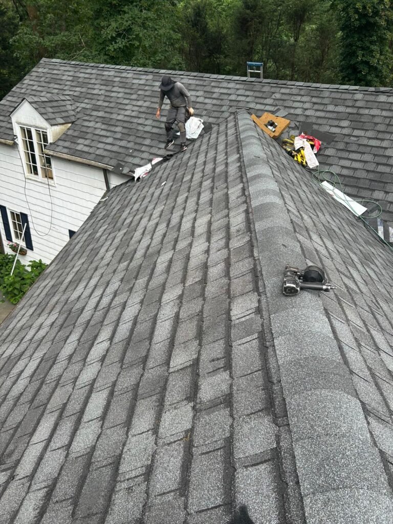 Architectural shingles and ridge details during a South Amboy roofing project